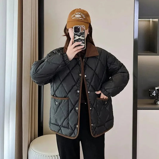 Autumn Winter Overcoat PU Leather Cotton-padded Jacket Women's Rhombic Lattice Short Coats Female Warm Outerwear No-wash Parkas