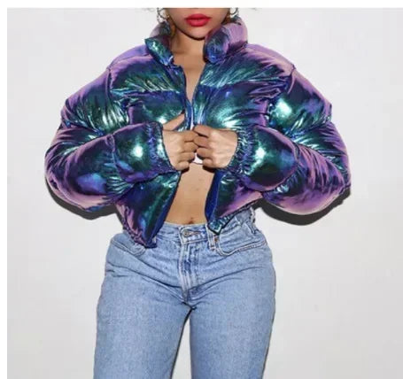 Women Cotton-padded Jacket Jacket Fashion Casual Glossy Long Sleeve Autumn And Winter Stand Collar Short Zipper Sexy Warm Street