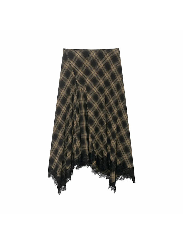 Women Vintage Chic Midi Skirt Elegant Women Plaid Lace Long Skirt New Summer  Commute Dinner Party Lady Skirt