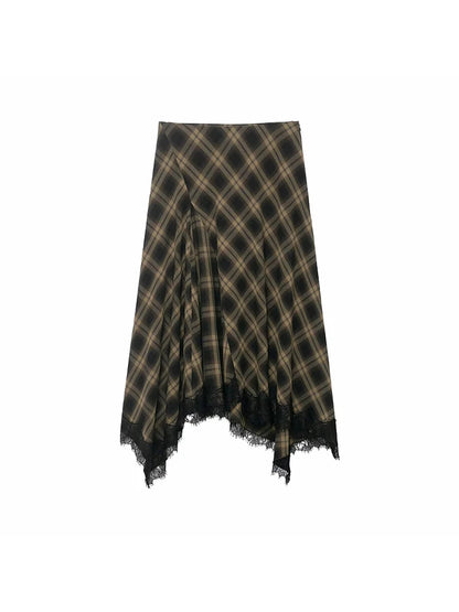 Women Vintage Chic Midi Skirt Elegant Women Plaid Lace Long Skirt New Summer  Commute Dinner Party Lady Skirt