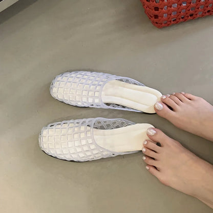 Design Mesh Jelly Shoes Hollow Round Toe Beach Shoes Comfy Fashion Transparent Sandals Women Summer New Weave Flat Jellies Shoes