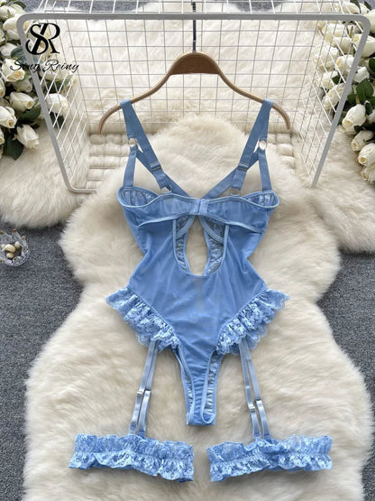 SINGREINY Women Erotic Sexy Lace Rompers Sleeveless Backless Slim Short Playsuit Transparent Underwear Hollow Out Mesh Bodysuits