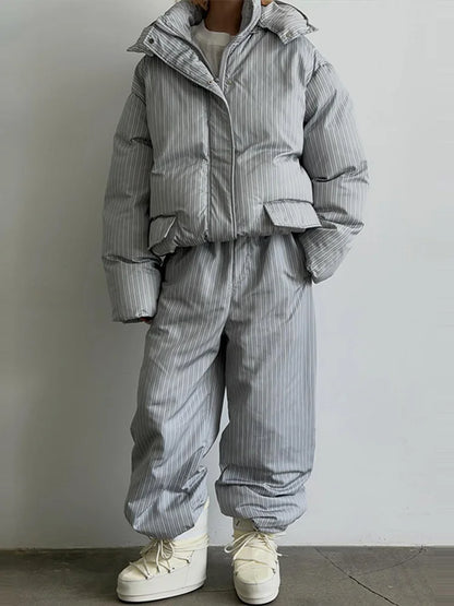 Fashion Women's Stripe Cotton Padded Coat Pant Set Loose Full Sleeve Hooded Zipper Jacket Elastic Waist Pants 2026 Winter Suits