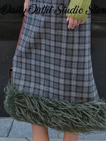 Elegant Knit Sweater Plaid Midi Skirt Set Faux Fur Hem Patchwork Pullover Casual Fall Winter Elegant 2026 New Chic Hot Lady Sets