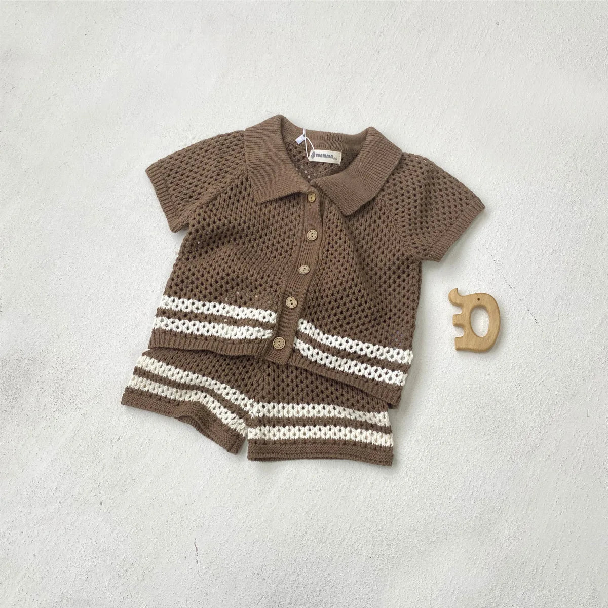 DGUKYM New Summer Baby Clothes Hollow Out Turn-down Collar Knitted Sweater Cardigan Shorts Set Baby Sweater Two-piece Set