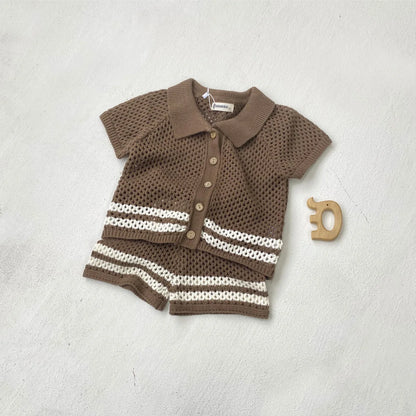 Summer Baby Clothes Hollow Out Turn-down Collar Knitted Sweater Cardigan Shorts Set Baby Sweater Two-piece Set Dgukym