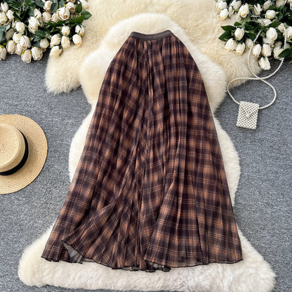 High Waist A-Line Midi Skirt Women's Plaid Elastic Waist Slimming Skirts Commute Korean Style Standard Fit Polyester Fiber