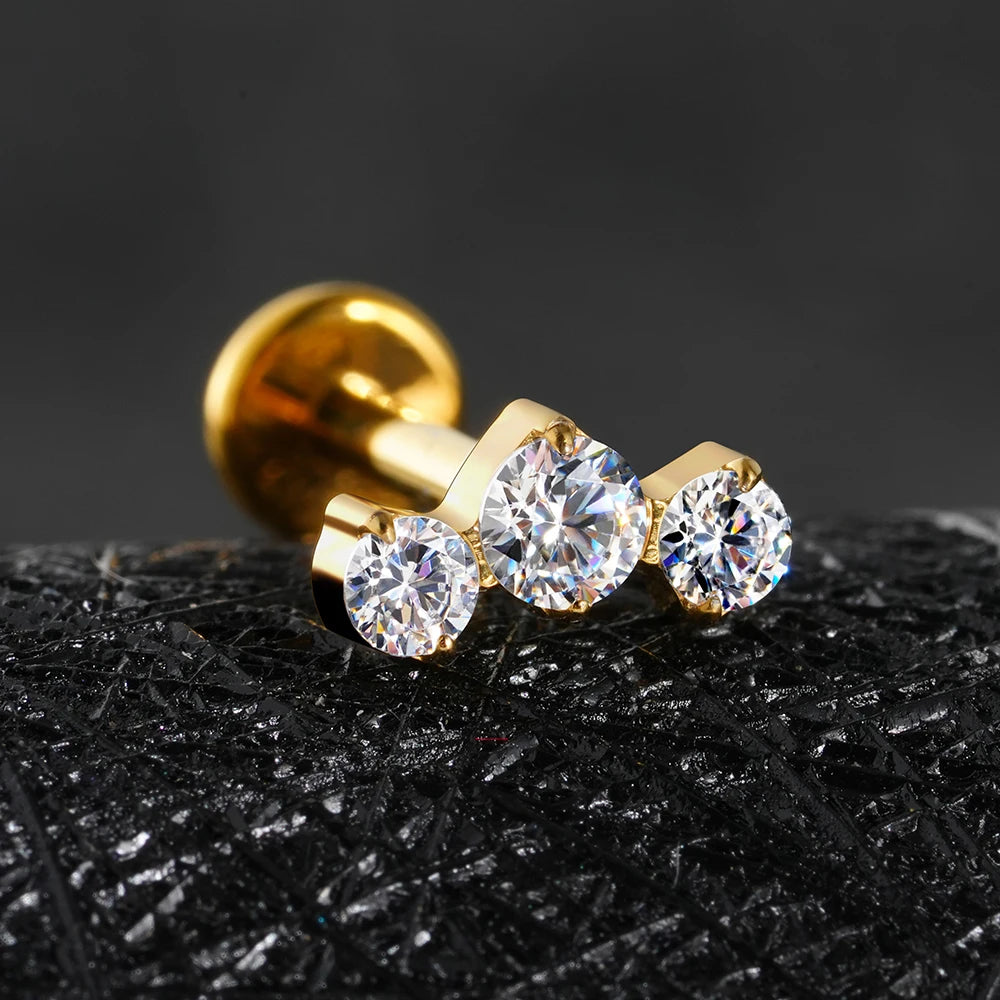 Right Grand ASTM F136 Titanium Triple CZ Cluster Cartilage Earring 16G Mini CZ Labret Tragus Helix Medusa Flat Back Piercing