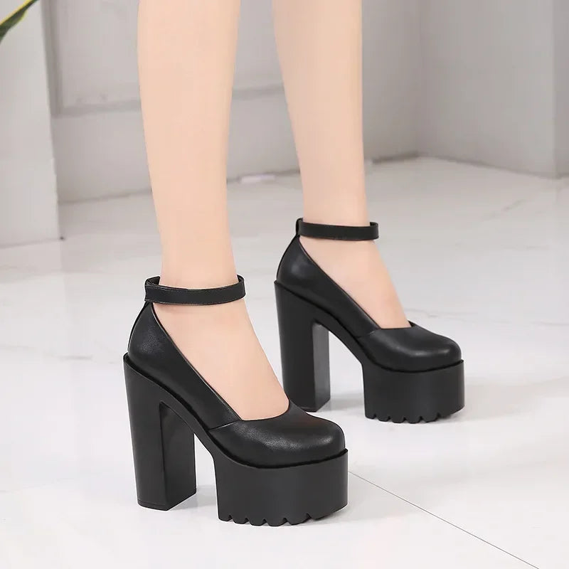 Women Pumps 14CM Thick High Heels Black Sexy PU Slip On Round Toe Waterproof Party Wedding Office & Career Shoes for Women 2020