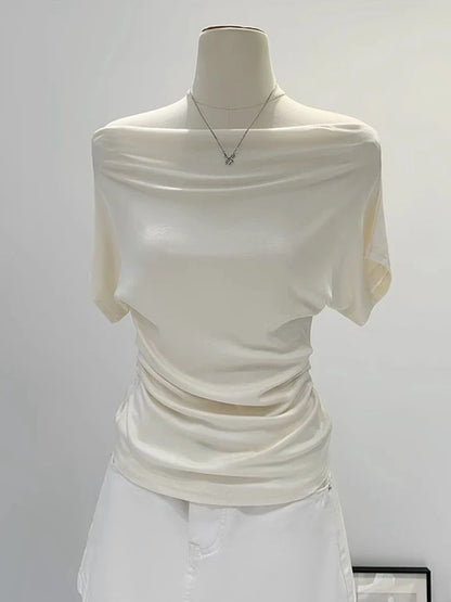 Summer One Shoulder Black Women's T-shirt Short Sleeve Korean Style Slimming Top Exposed Shoulder Fashionable
