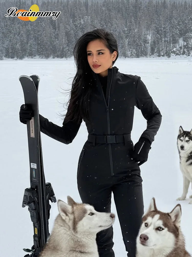 Chic Black Stand Collar Skiwear Women Cause Full Sleeve Waist Cinching High Waist Slim Jumpsuit 2026 Lady Winter Warm Outfit New