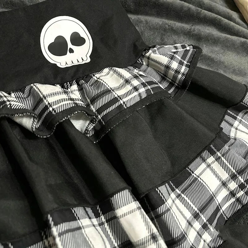Harajuku Punk Plaid Ruffle Mini Skirt Gothic Elastic Waist Skull Chain Streetwear Y2K Lolita Women Short Skirt Women's Clothes