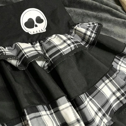 Harajuku Punk Plaid Ruffle Mini Skirt Gothic Elastic Waist Skull Chain Streetwear Y2K Lolita Women Short Skirt Women's Clothes