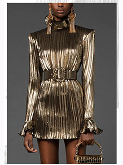 HIGH Quality 2026 Fashion Women's Sexy Luxury Glitter Flare Long Sleeve Belted Pleated Mini Party Dress