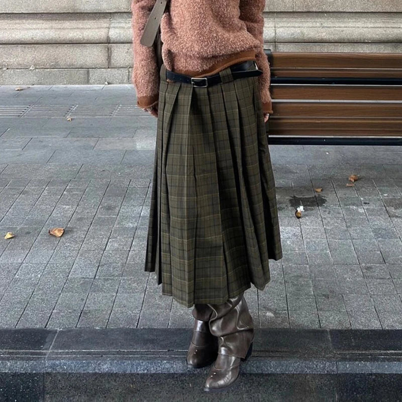 PBAP Fall Trendy Women Plaid Midi Long Skirt Green Tartan High Rise Thick Draped A-line Plaid Pleated Skirt Retro Y2k Streetwear