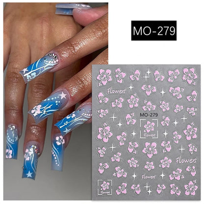5D Embossed Nail Art Decals Elegant Petals Florals Daisy Flowers Leaves Adhesive Sliders Stickers For Manicure Tips Decoration