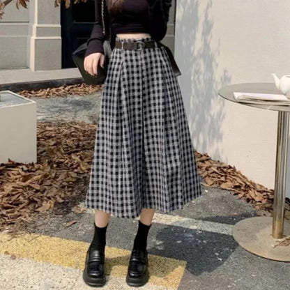 Women's Plaid A-Line Skirt with Tie Waist