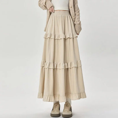 Qiukichonson Mid Long Skirts Womens Velvet Skirt 2023 Autumn Winter Korean Vintage Elastic Waist High Low Ruffle Pleated Skirts