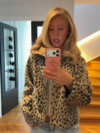 Women Leopard Print Faux Fur Jacket Zip Up Stand Collar Cropped Loose Fit Fuzzy Coat Vintage Street Casual Ladies Outerwear