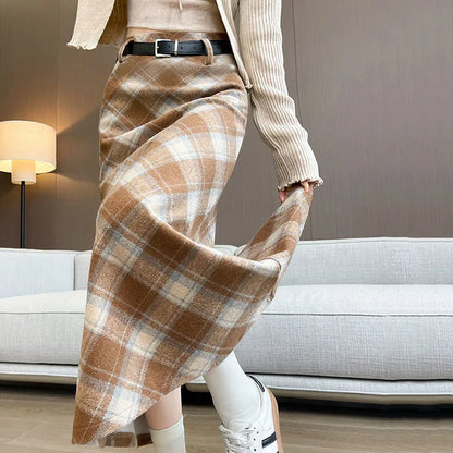 Plaid Woolen Skirts Women New Fashion 2026 Autumn Winter High Waisted Straight Midi Skirts Woman Preppy Style Retro Long Skirt