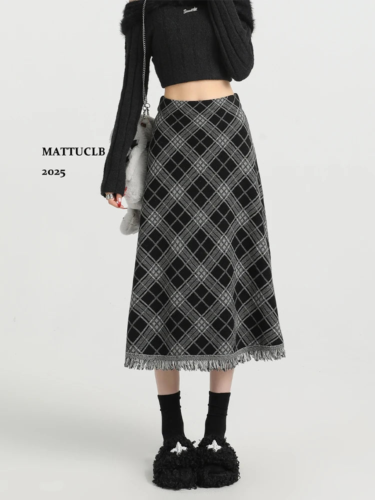 2025 Autumn Winter Women Korean Fashion A-line Plaid High Waist Midi Skirt Vintage Design Shoujo Preppy Style Tassel Trendy New