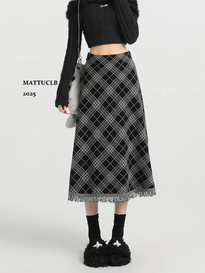 2025 Autumn Winter Women Korean Fashion A-line Plaid High Waist Midi Skirt Vintage Design Shoujo Preppy Style Tassel Trendy New