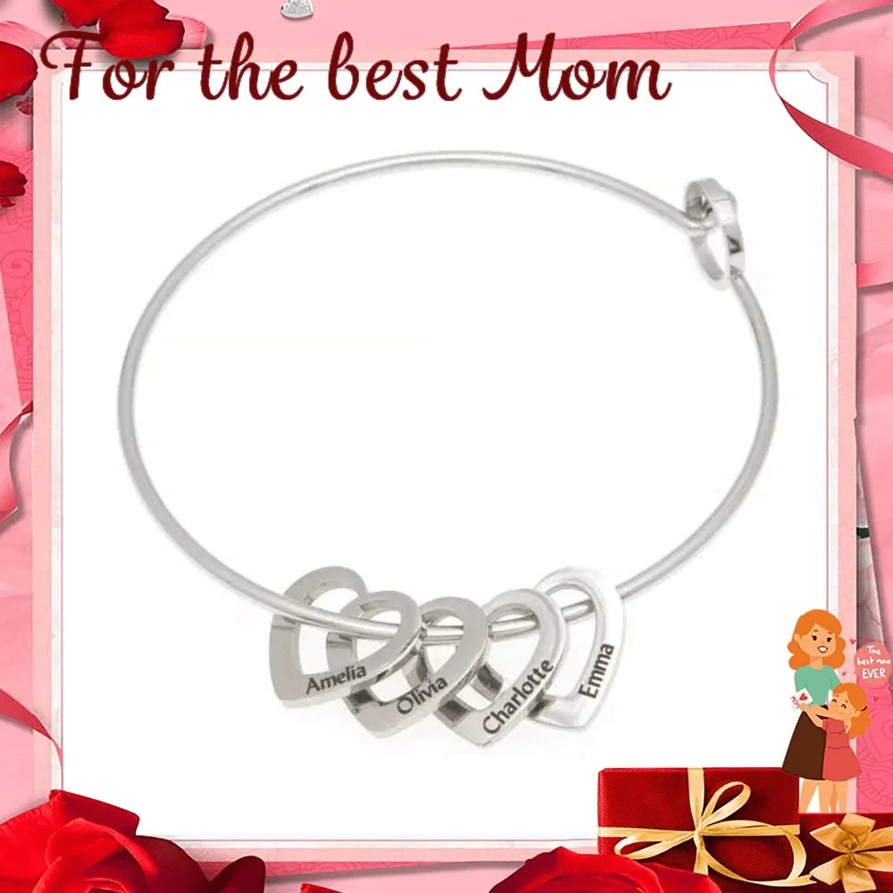 Custom Family Names Heart Beads Bangle Bracelet Personalized Names Heart Bracelet For Women Mom Gril Mother's Day Gift