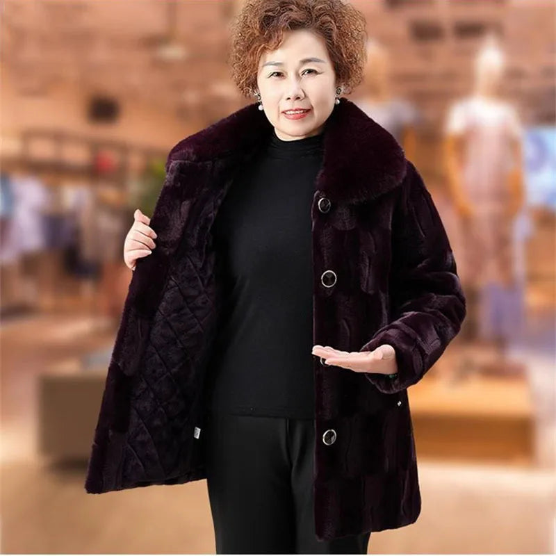 Grandma's Winter Jacket New Imitation Mink Fur Coat Mid Length Elderly Mother Add Velvet Thicken Warm Parkas Women Overcoat 6XL