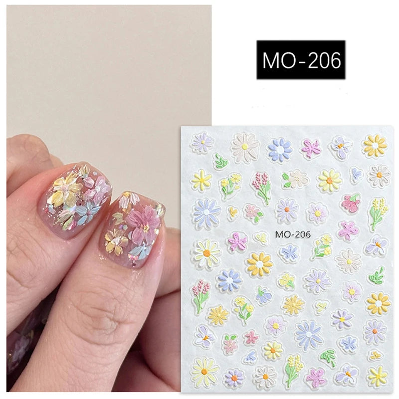 5D Embossed Nail Art Decals Elegant Petals Florals Daisy Flowers Leaves Adhesive Sliders Stickers For Manicure Tips Decoration