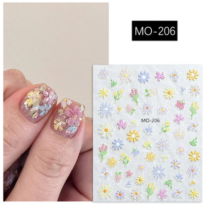 5D Embossed Nail Art Decals Elegant Petals Florals Daisy Flowers Leaves Adhesive Sliders Stickers For Manicure Tips Decoration