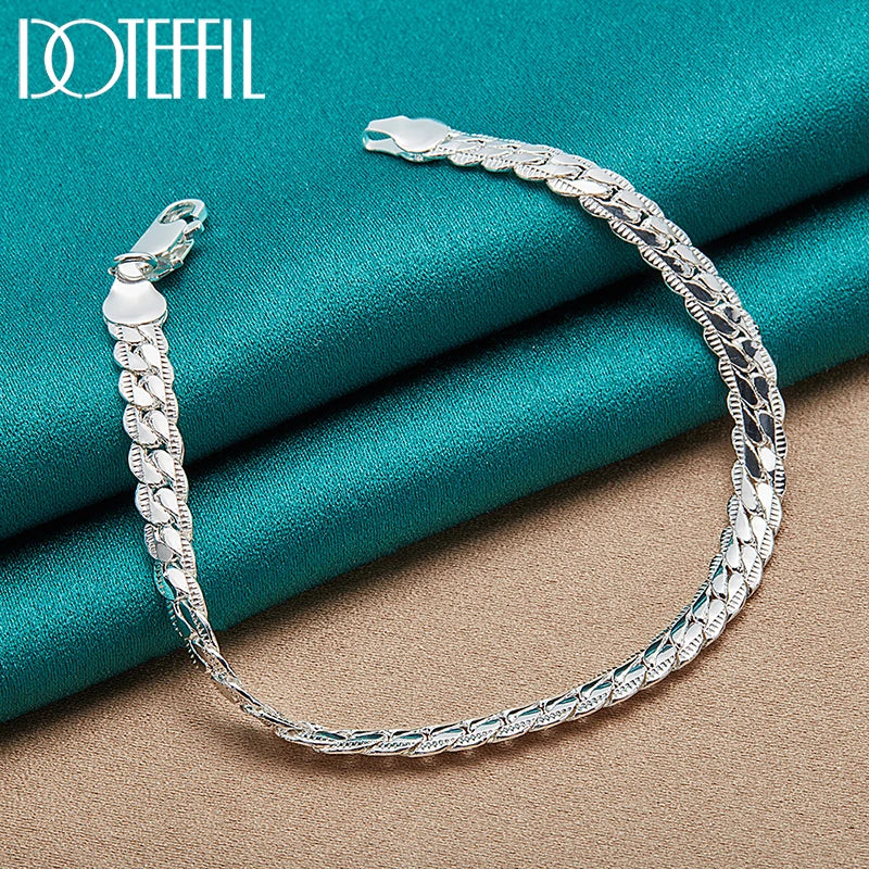 DOTEFFIL 925 Silver Bracelet 6mm 18/19/20cm Flat Side Chain Lobster Clasp For Woman Man Wedding Engagement Jewelry
