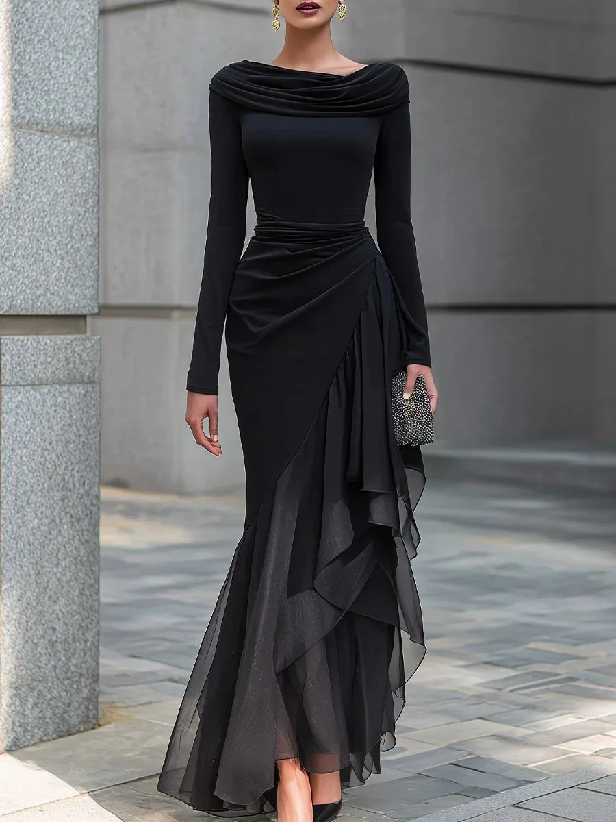 Elegant Women's Party Dress Spring Autumn Fashion Boat Neck Irregular Hem Loose Long Dresses Ladies Ruffles Temperament Dress