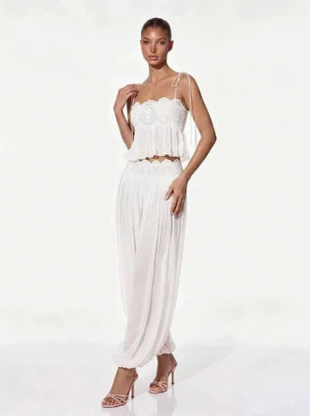 Women Pant Set Sheer Layers Spaghetti Strap Backless Lace Top Straps Solid Loose Straight Elastic Hem Fashion Beach Chic Suits