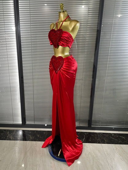 Shining Rhinestones Heart Women Sexy Halter 2 Pieces Bodycon Long Maxi Dress Nightclub Party Celebrate Performance Costumes
