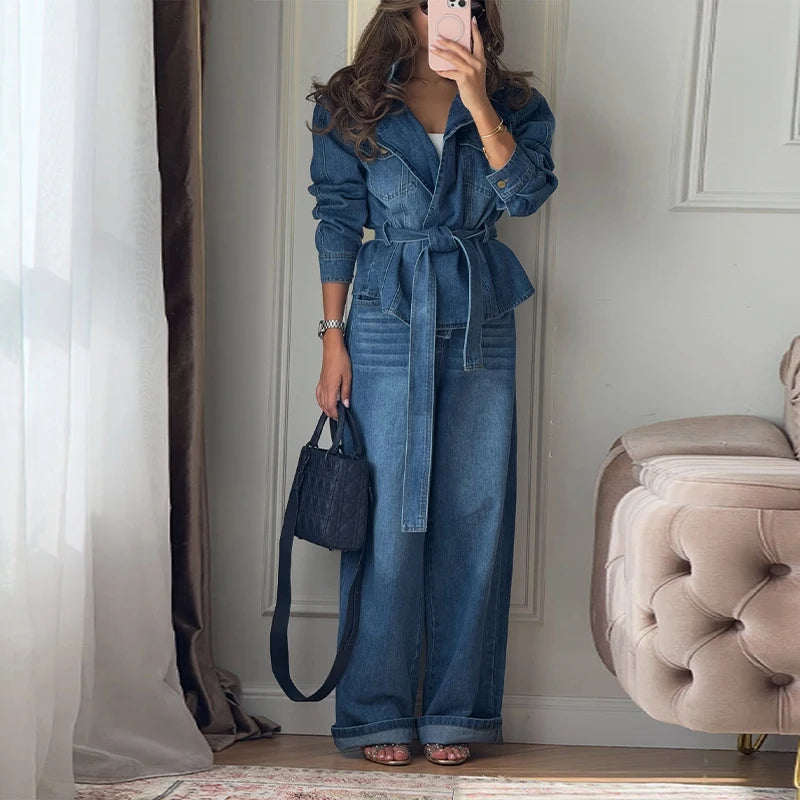 Elegant Belt Denim Jacket Women's Pants Sets Lapel Full Sleeve Pockets Coats Wide Leg Pant 2026 Autumn Lady Commute Suits
