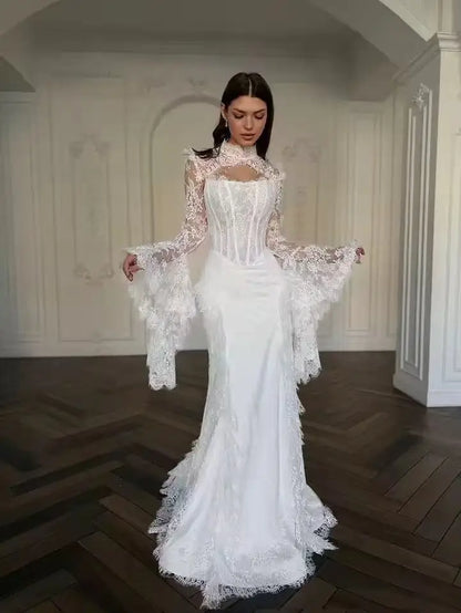 Custom Made Ivory Elegant Lace Mermaid Wedding Dress High Neck Ruched Long Sleeves Corset Backless Bridal Gown with Train