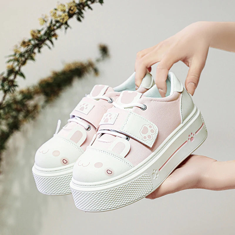 Lovely Girls Lolita Flat Platform,Young Women Students Sweet Cat Ears Elevator Canvas Shoes
