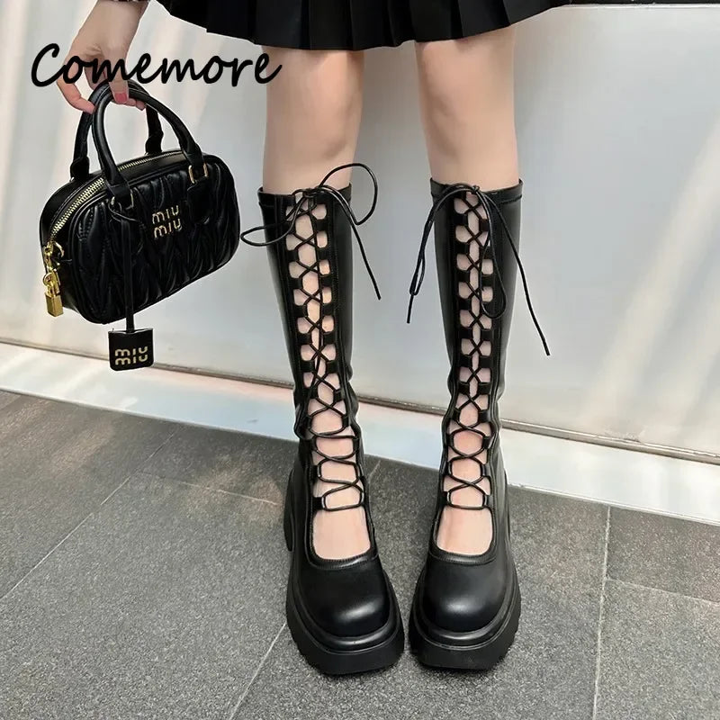 2024 Summer New Female Breathable Hollowed Out Mesh Boots Genuine Leather High Knight Boots Knee High Heels Show Thin Cool Boots