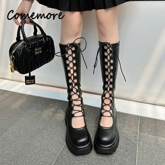 2024 Summer New Female Breathable Hollowed Out Mesh Boots Genuine Leather High Knight Boots Knee High Heels Show Thin Cool Boots