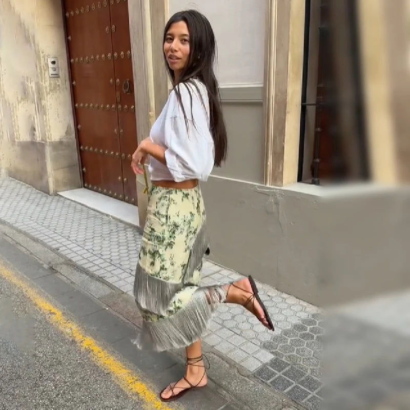 Women Chic High Waist Flower Print Dresses Asymmetric Tassel Border Splicing Bottom Dress Female Holiday Beach Party Long Skirt