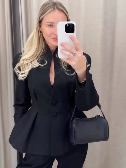 Women's Solid Elegant Ruffle Coats Chic Hollow-out V-neck Full Sleeve Waist-cinching Coat 2026 Spring Lady Highstreet Outwear