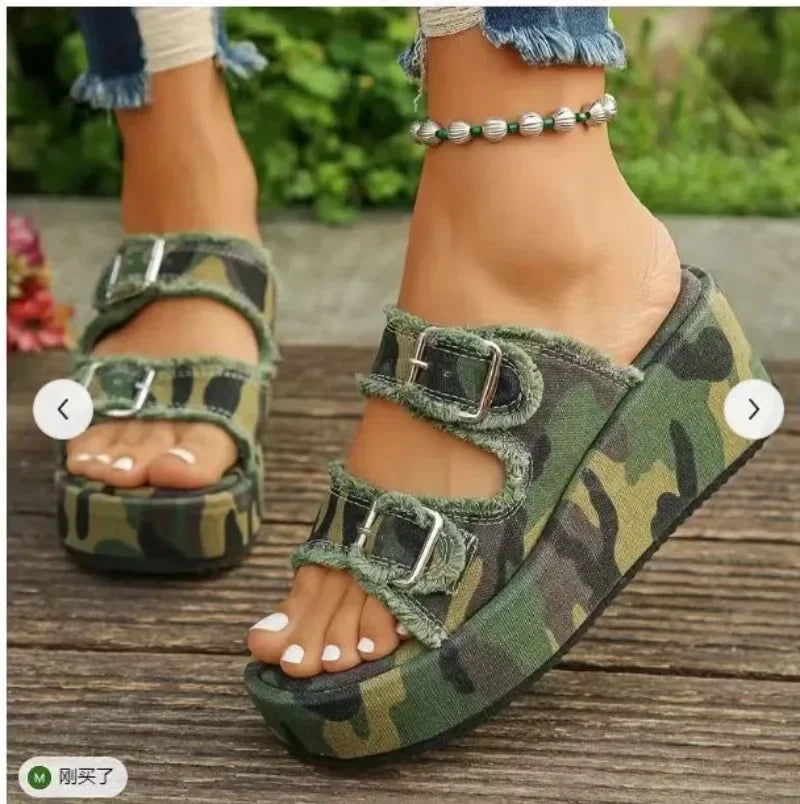 Cowboy Wedges Slippers Shoes Women High Heels Platform Sandals Buckle Flip Flops 2026 Summer Fashion Pumps Zapatos Mujer Slides
