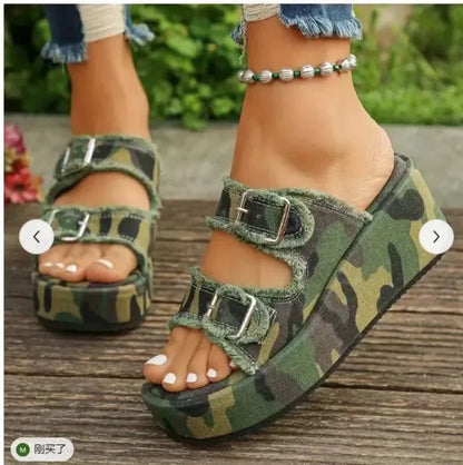 Cowboy Wedges Slippers Shoes Women High Heels Platform Sandals Buckle Flip Flops 2026 Summer Fashion Pumps Zapatos Mujer Slides