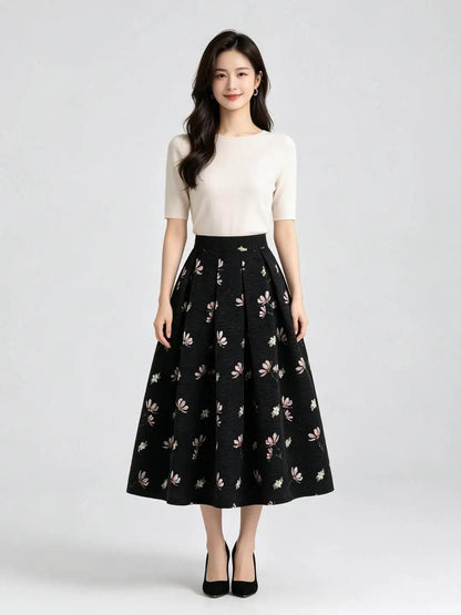 High Quality Autumn Winter Chenille Embroidery Mid-long Puffy Skirt Elegant Vintage Elastic Waist Casual A-line Umbrella Skirts