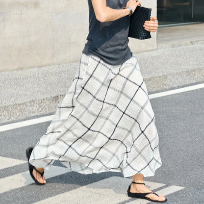 Women's Linen Plaid Long Skirt Summer New Casual Vacation Cotton Linen Skirt Asymmetrical Flowy Loose Ladies Midi Skirts