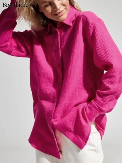 Bornladies 2025 Women's Spring Summer 100% Cotton Shirts Office Lady  Fashionable Solid Lady Long Sleeve Loose Tops Crepe Shirts
