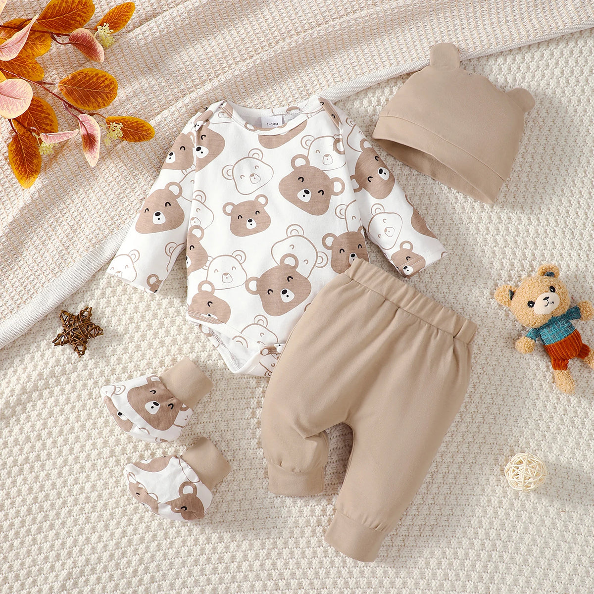 0-9 Months Baby Boy Set Little Bear Long Sleeve Bodysuit+Pants+Hat+Socks 4pcs/Set Baby Spring Autumn Clothing Newborn Set