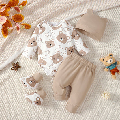 0-9 Months Baby Boy Set Little Bear Long Sleeve Bodysuit+Pants+Hat+Socks 4pcs/Set Baby Spring Autumn Clothing Newborn Set