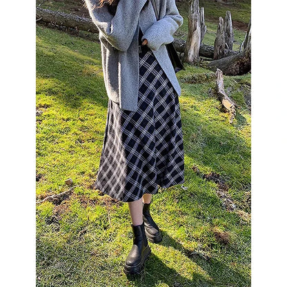 New 2025 Plaid Long Skirts Women Korean Style High-waisted A-line Thin Skirt Casual Daily Basics Skirts Woman