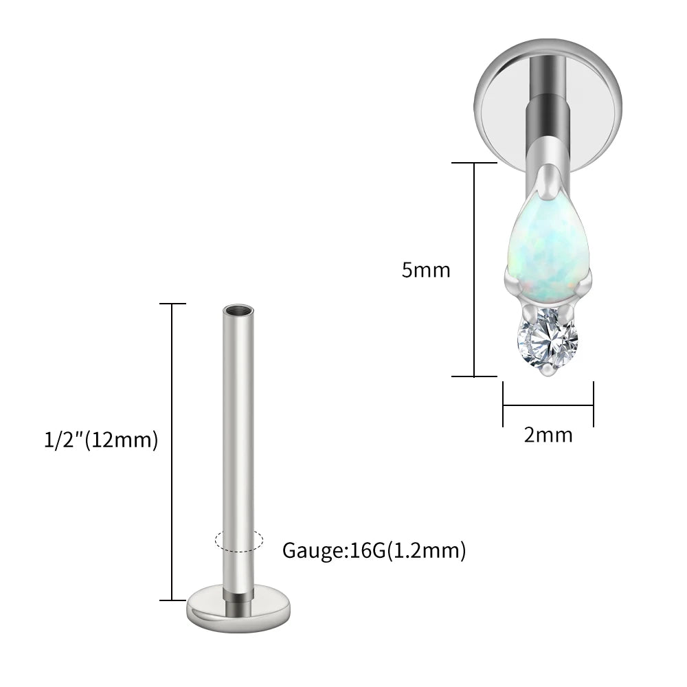 Right Grand ASTM F136 Titanium Teardrop Opal Cartilage Earring 16G Tiny Round CZ Forward Helix Labret Stud Piercing Jewelry